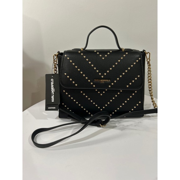 KARL LAGERFELD Paris Black Leather Studded Crossbody Flap Bag - Picture 1 of 12